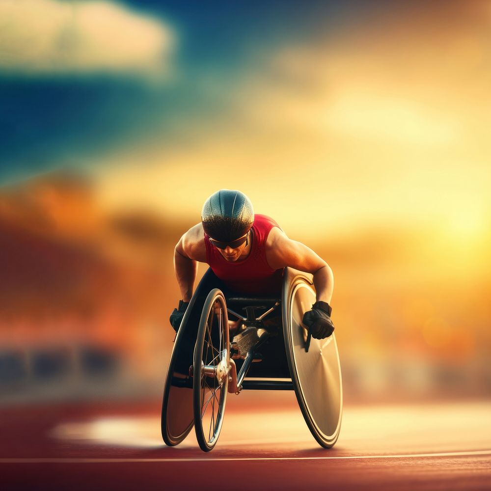 a photo of a male athlete in a wheelchair racing on the racetrack at the stadium. AI generated Image by rawpixel. 