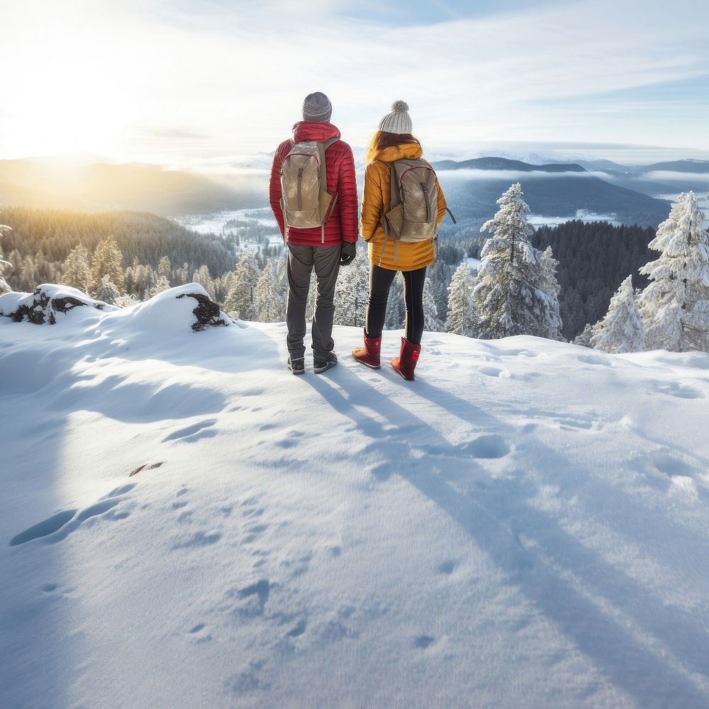 Rear of a Couple hikers with beautiful winter scene. AI generated Image by rawpixel. 