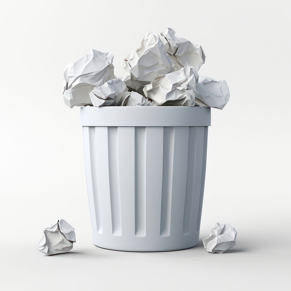 White garbage bin with crumpled paper. 