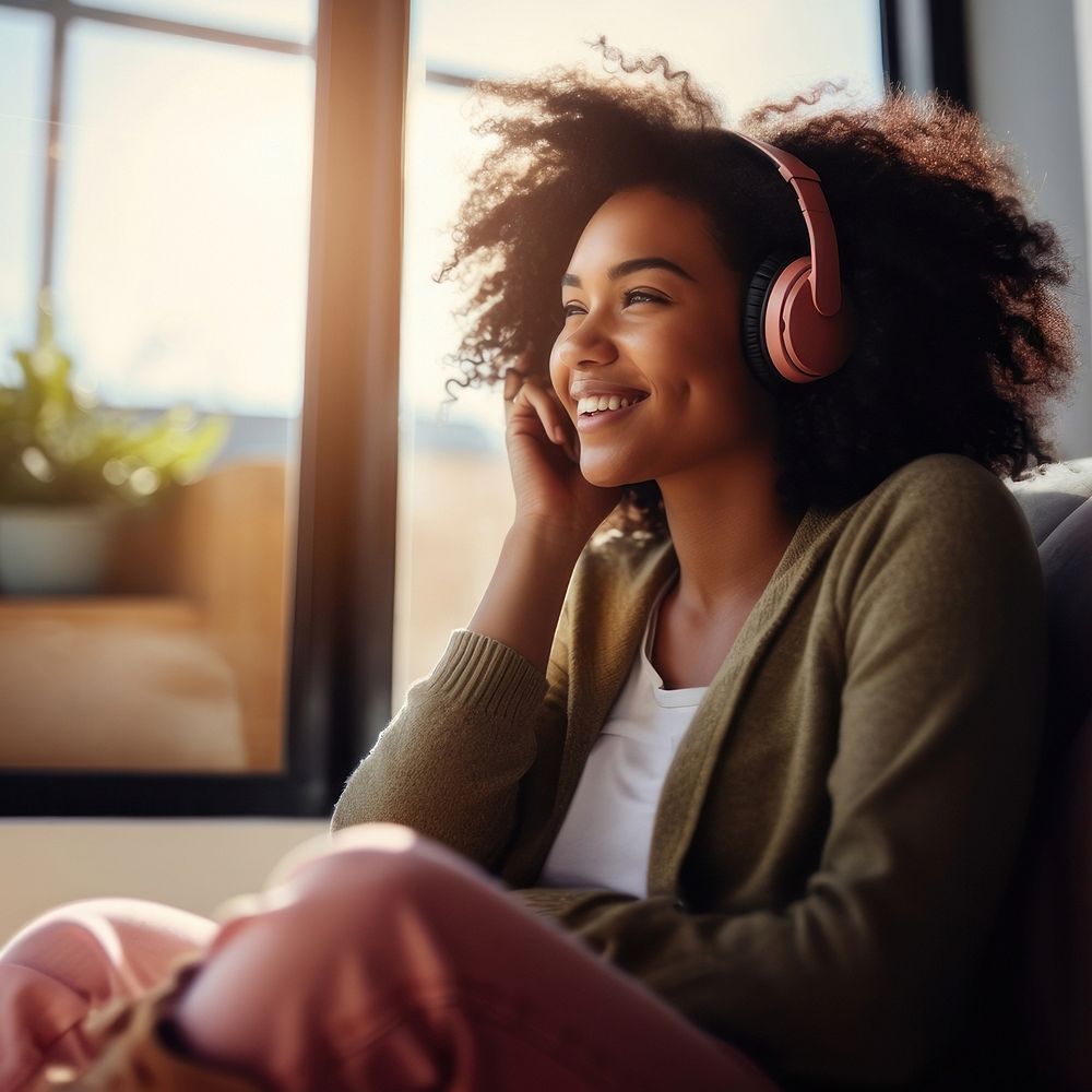 photo of A black woman sitting on a couch happy with wearing headphones in a minimal living room. AI generated Image by…