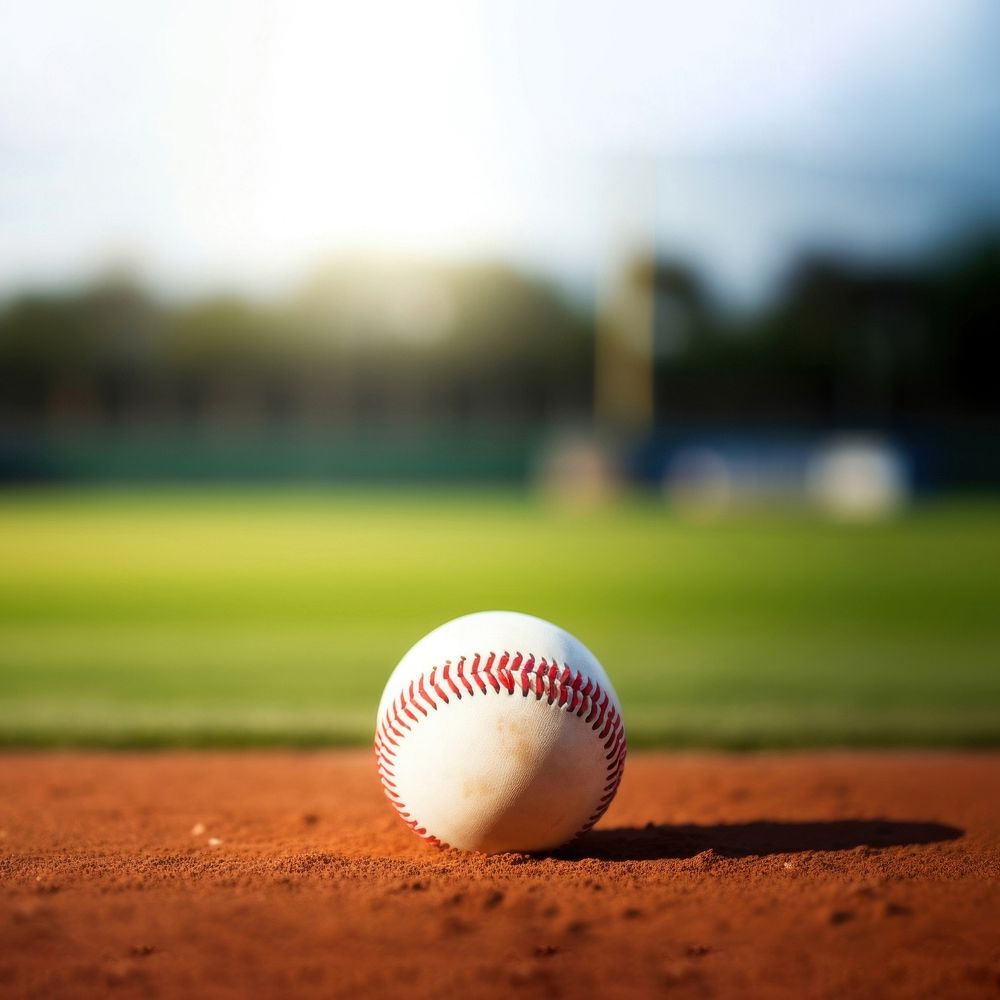 photo of Close-up of baseball on Grass Field with Blurry Stadium in Background. 