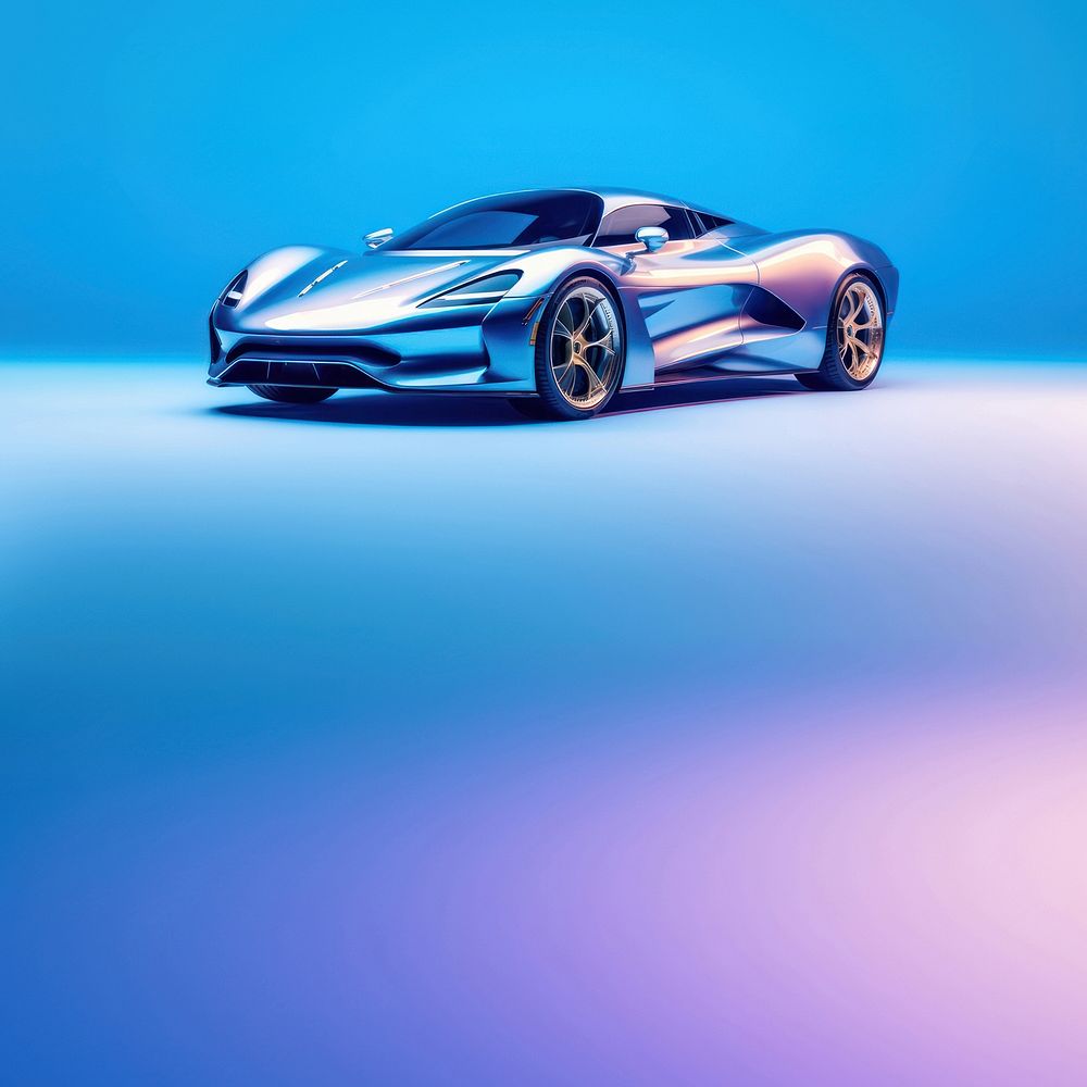 photo of metalic blue sport car, isolated on solid color background. 