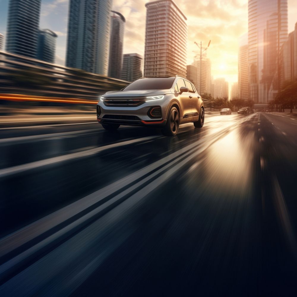 Photography of MPVcar driving on city road background. 