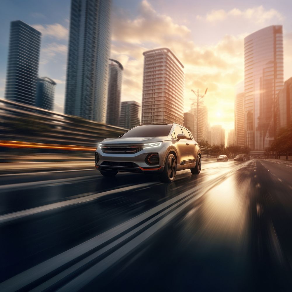 Photography of MPVcar driving on city road background. 