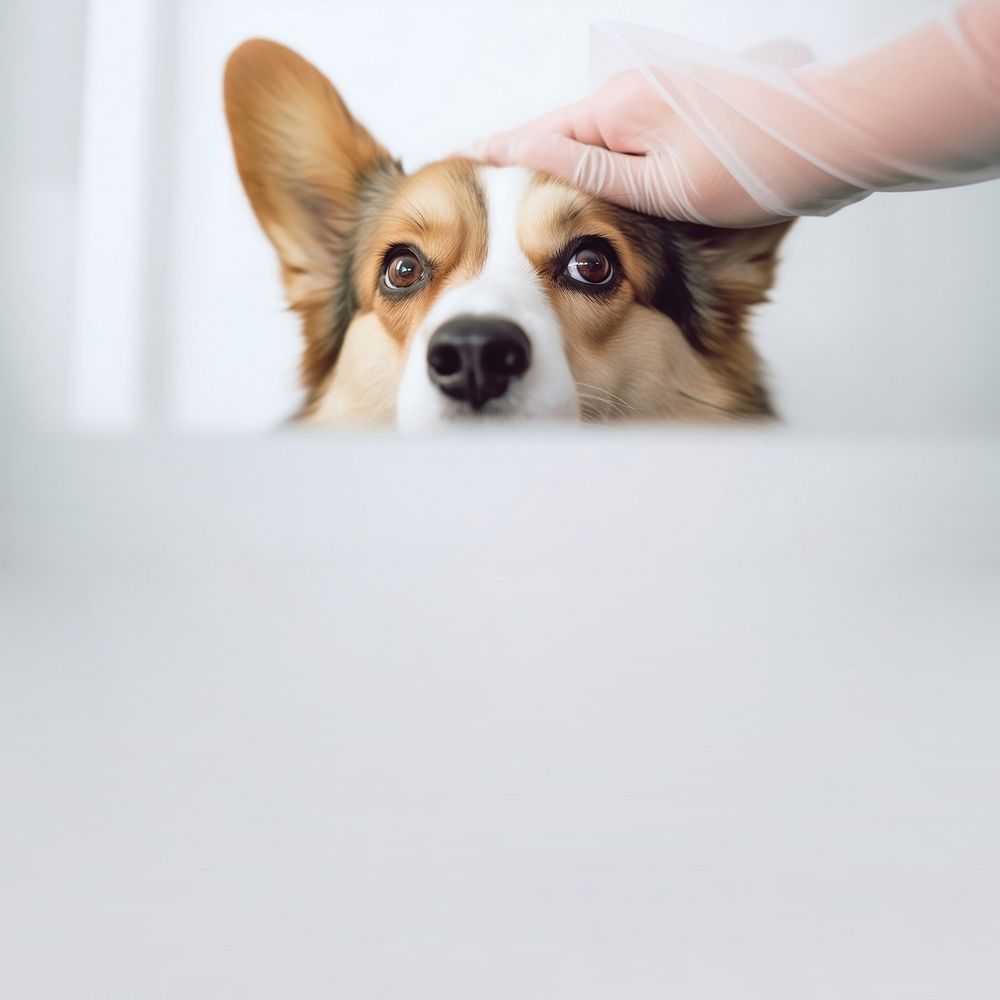 minimal, photo of Veterinarian examines the eyes of a sick corgi dog. AI generated Image by rawpixel.