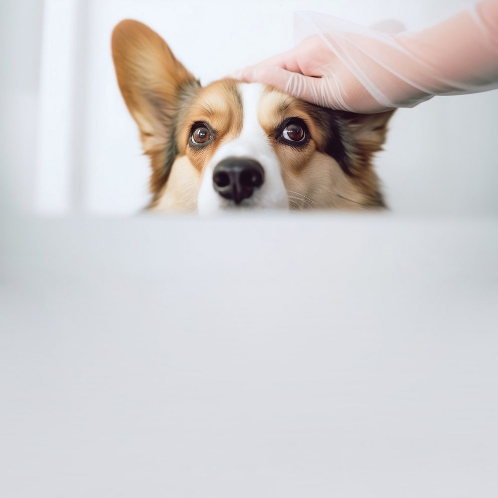 minimal, photo of Veterinarian examines the eyes of a sick corgi dog. 