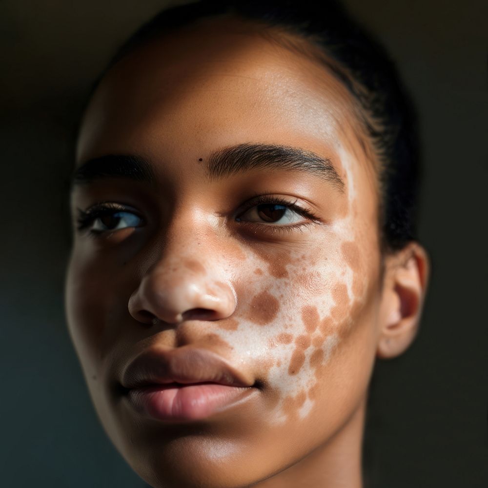Woman's face with vitiligo skin, closeup. AI generated Image by rawpixel.