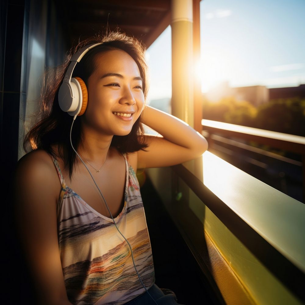 Woman wearing headphones. 