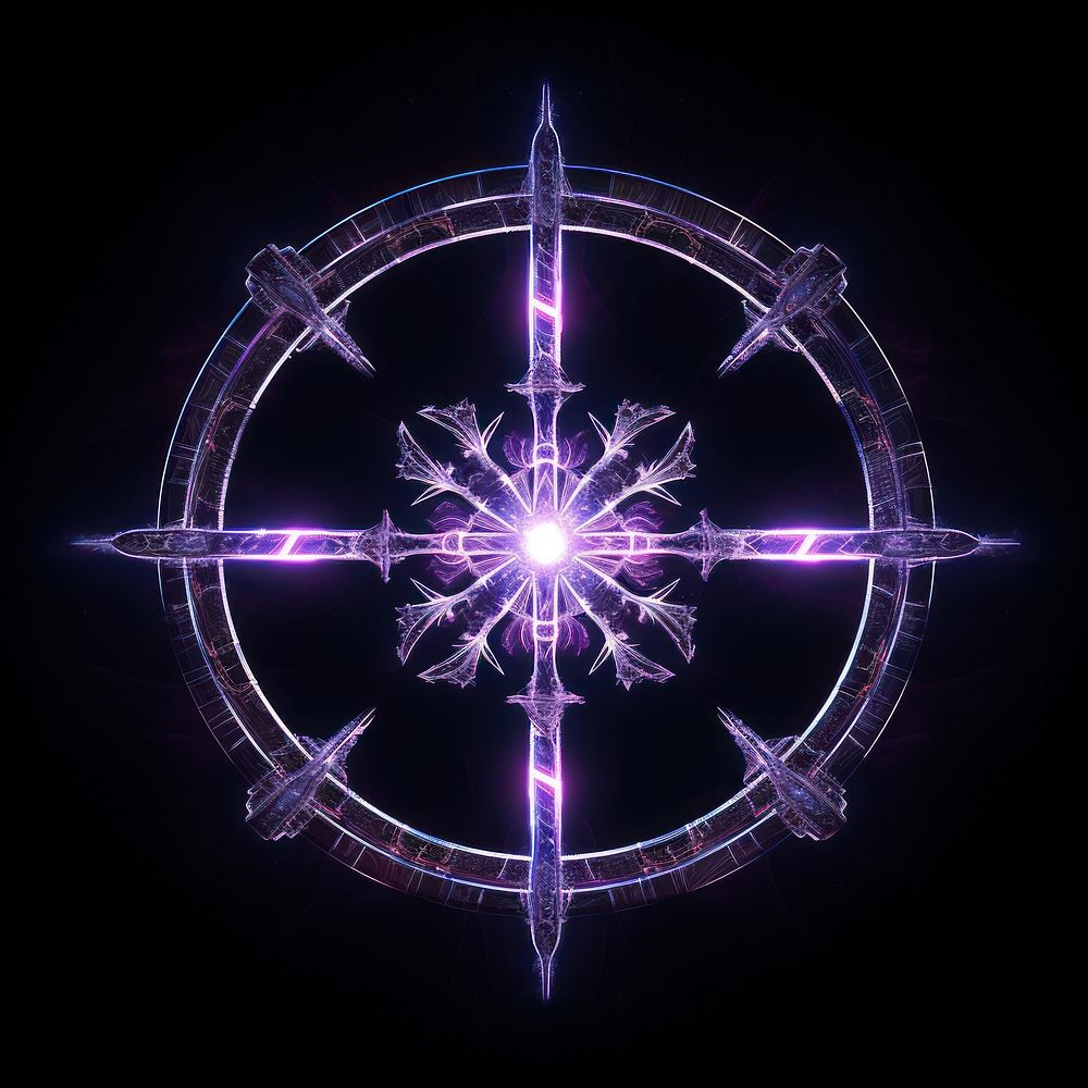 Neon glowing magic swords around neon glowing magic runes circle light purple black background. AI generated Image by…