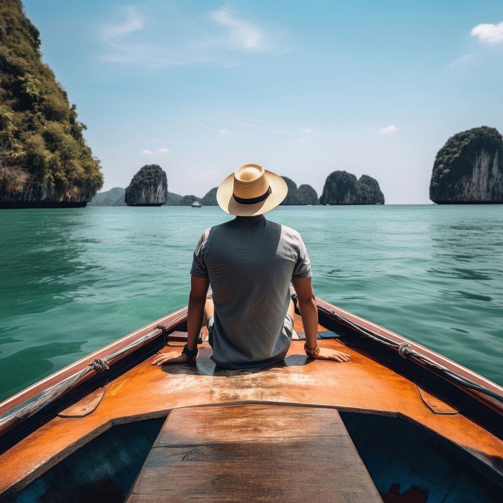 Back view photo of a man sitting in front of a boat, in Krabi in sunny day. 