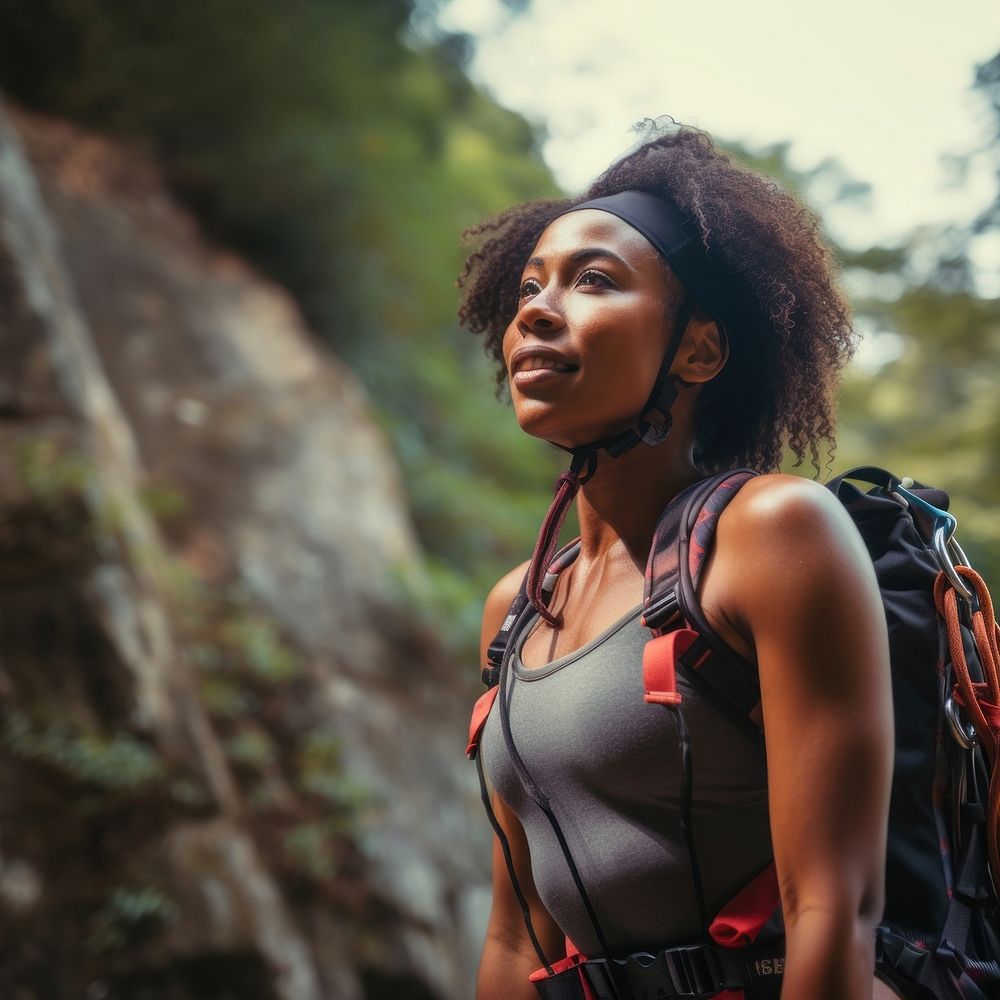 Photo of a african american female hikier go rock climbing. 