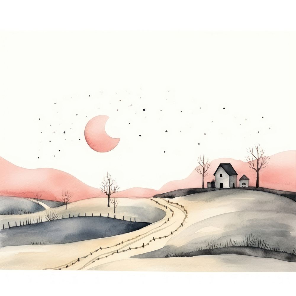 Cute christmas countryside outdoors painting drawing. 