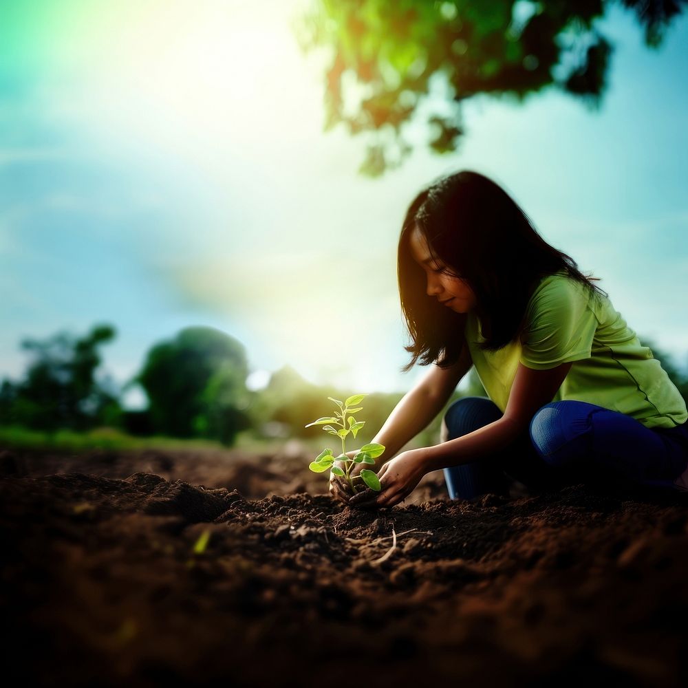 Photorealistic of diverse teenager planting a garden.  