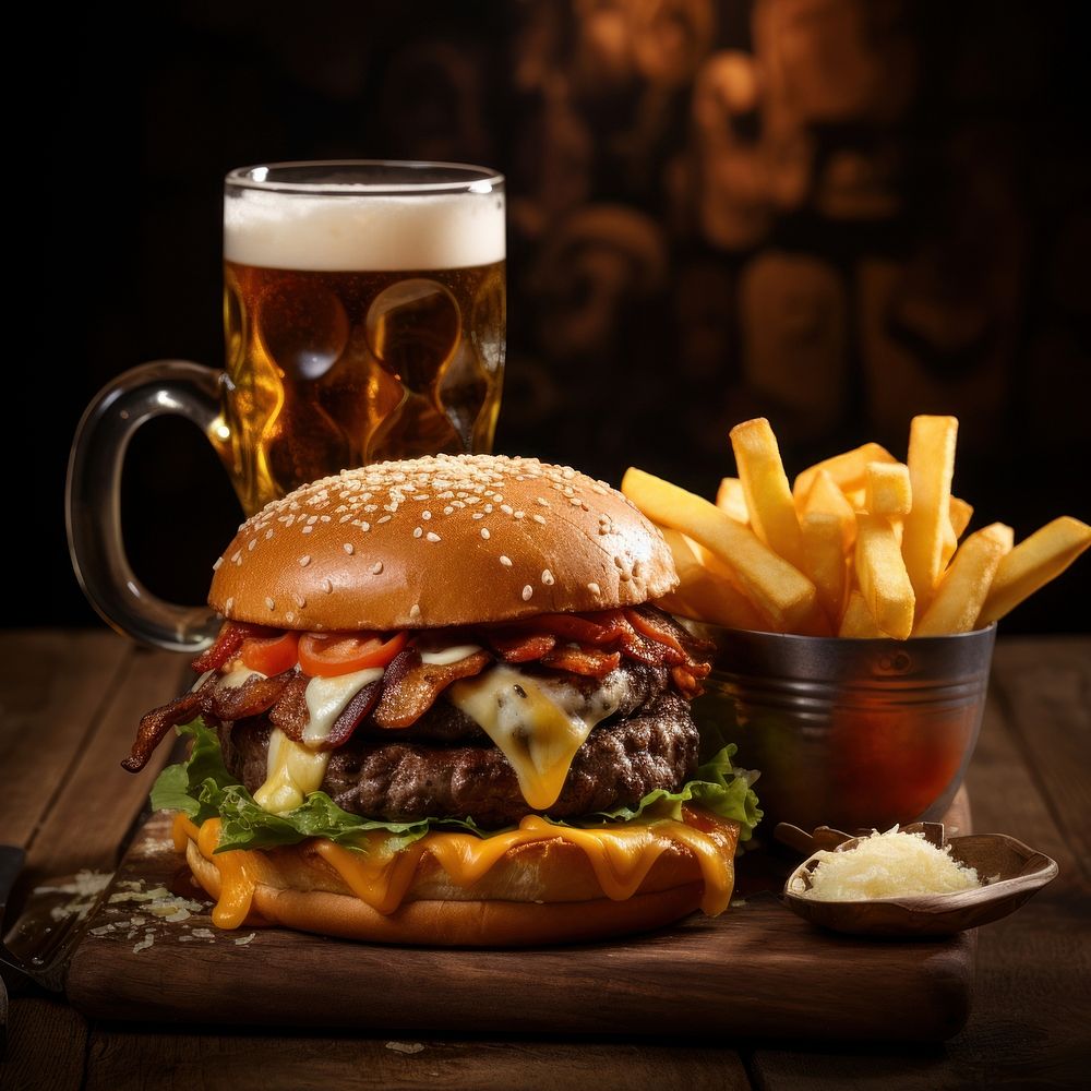 Drink cheese burger food. AI generated Image by rawpixel.