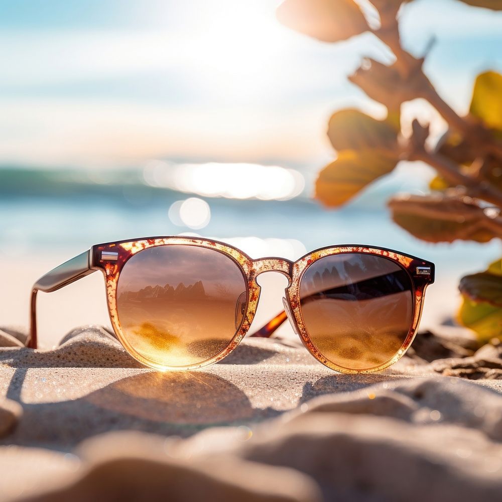 Sunglasses summer sand sea. AI generated Image by rawpixel.