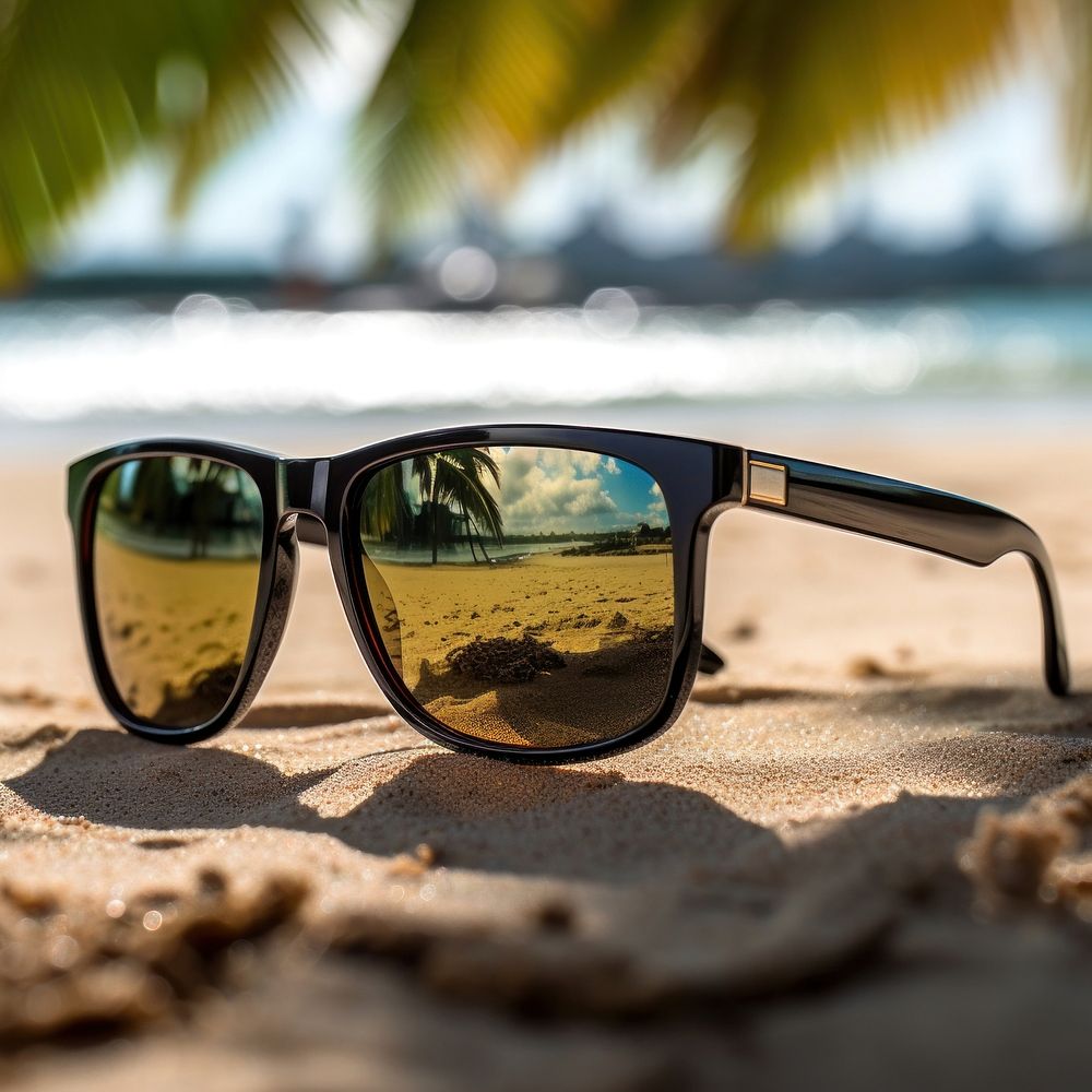 Sunglasses summer sand sea. AI generated Image by rawpixel.