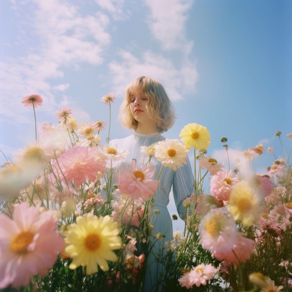 Flower field, woman posing, beautiful sky. 