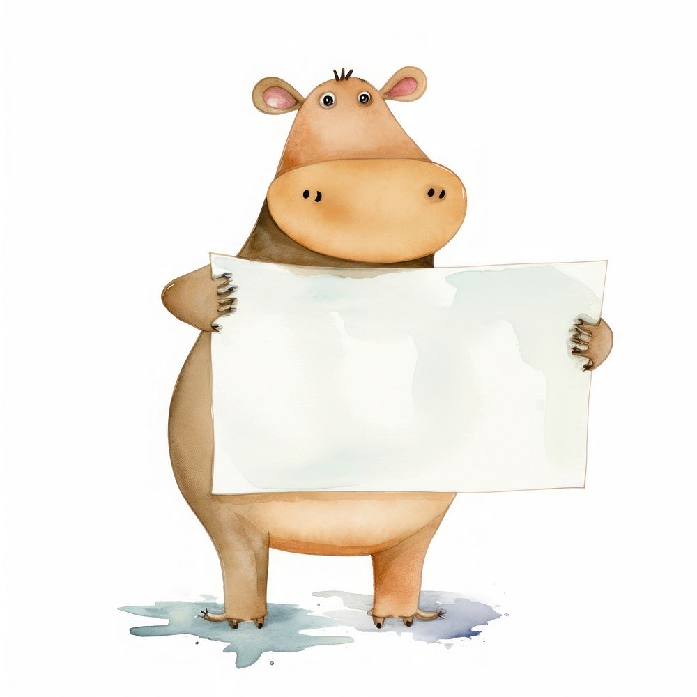 Hippo holding blank sign animal mammal white background. 