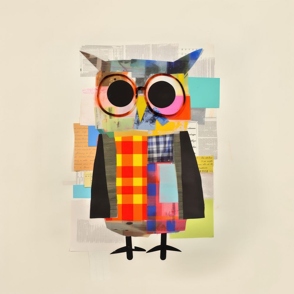 Owl wearing glasses art painting collage. 