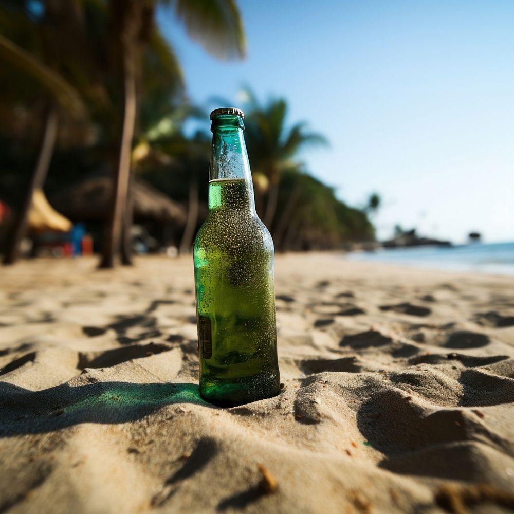 Empty green beer bottle beach outdoors. AI generated Image by rawpixel.