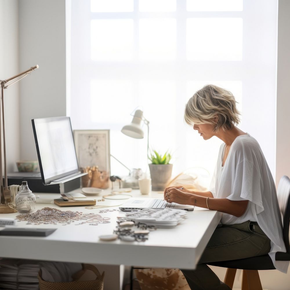 Sitting table adult woman. 