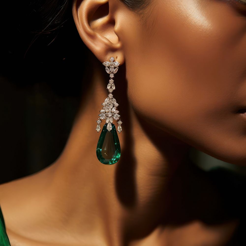 Emerald diamond earring, luxurious jewelry. 