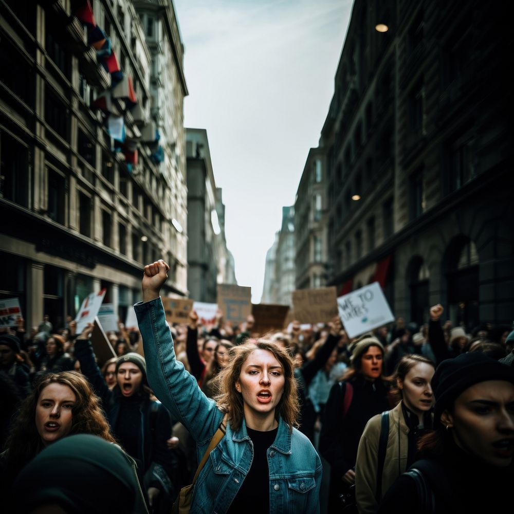 People protesting in the street. 