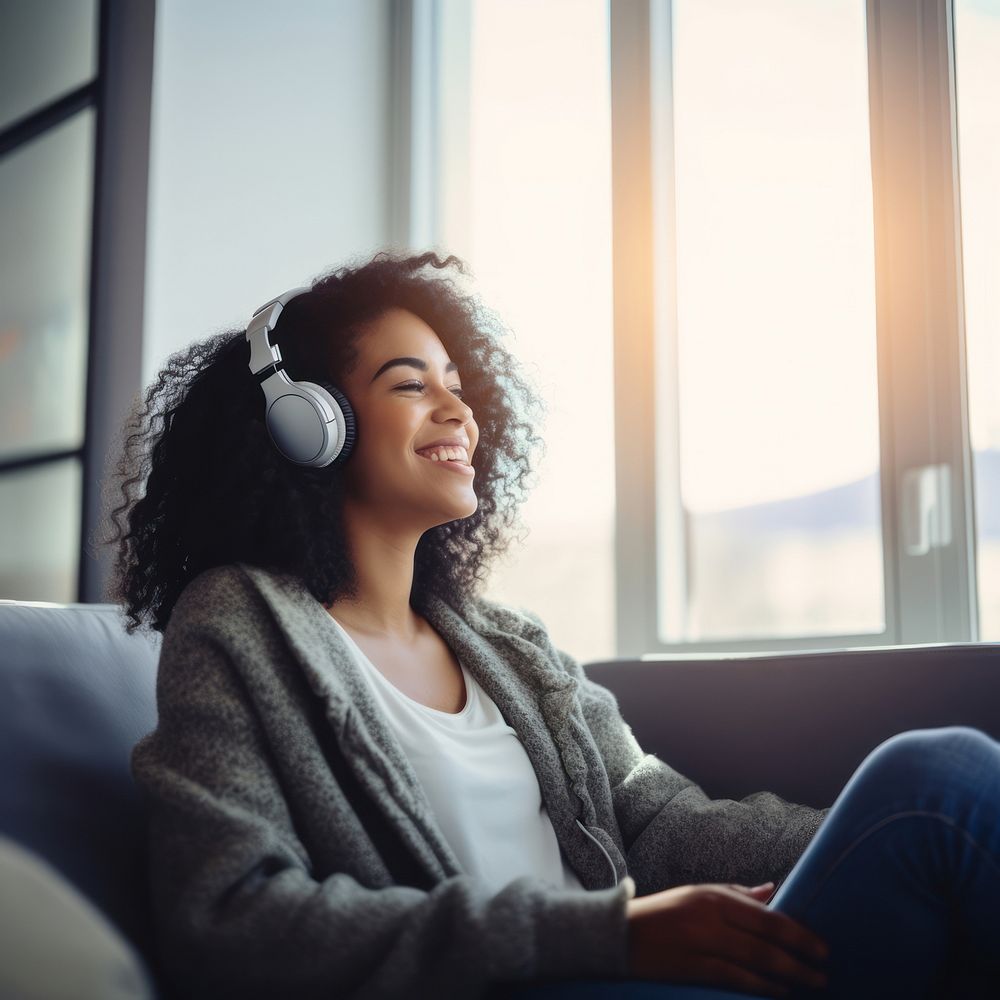 Headphones headset sitting smile. 