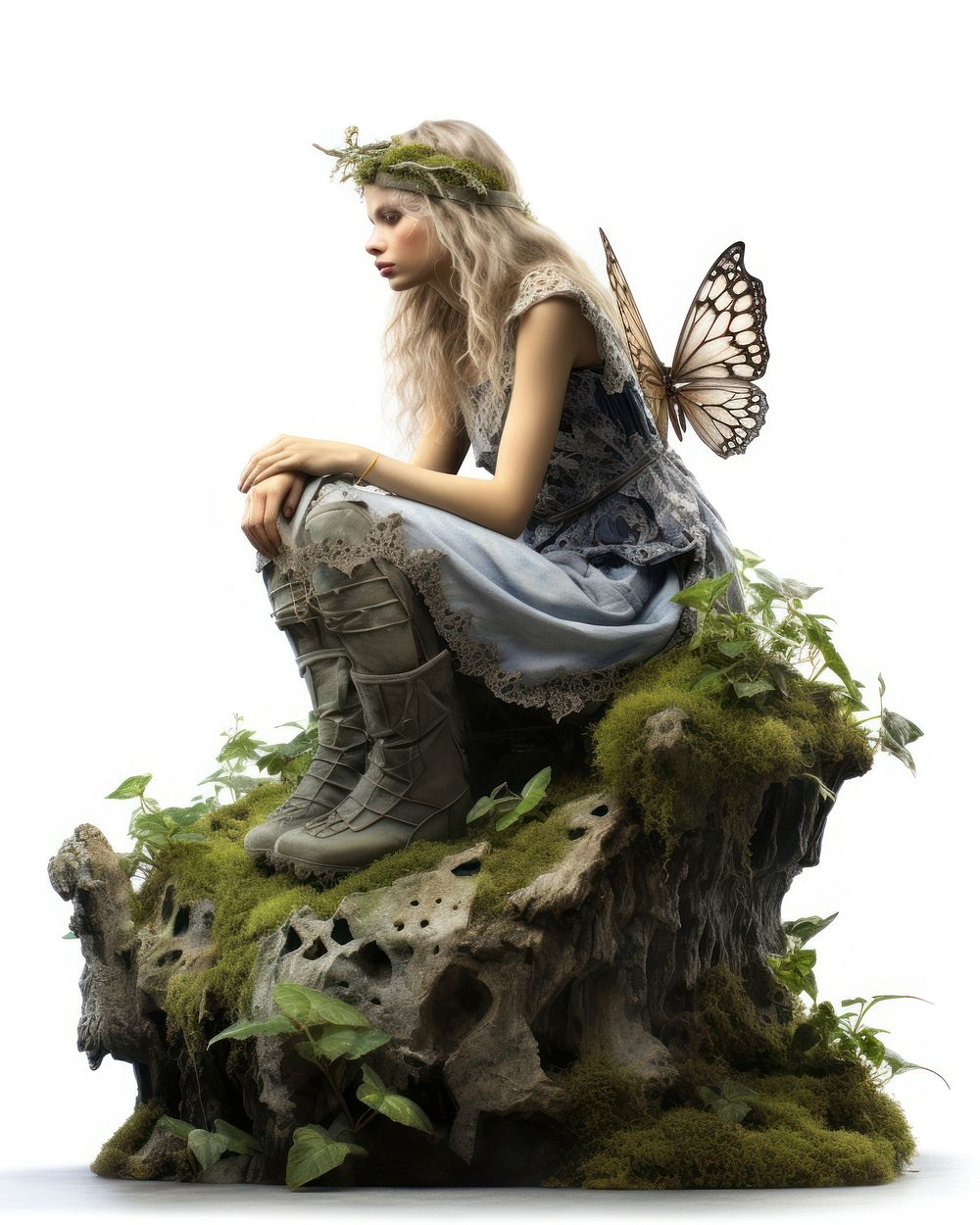 Elf woman sitting butterfly portrait. 