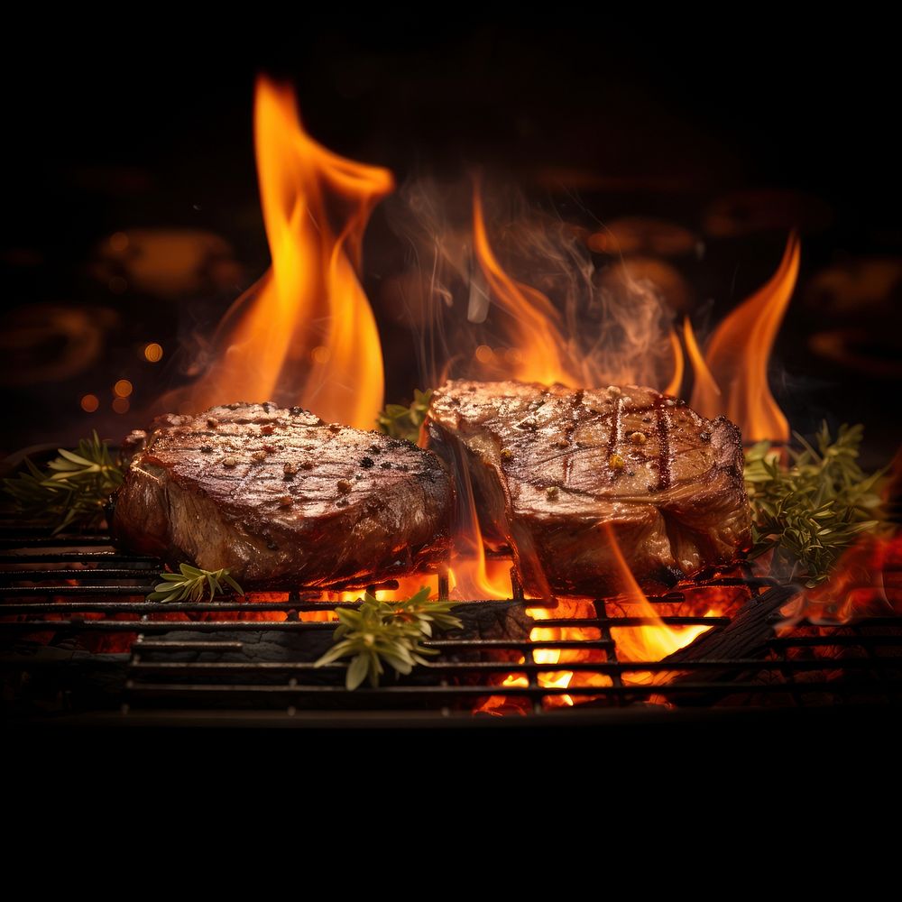 Steaks fireplace grilling cooking. AI generated Image by rawpixel.