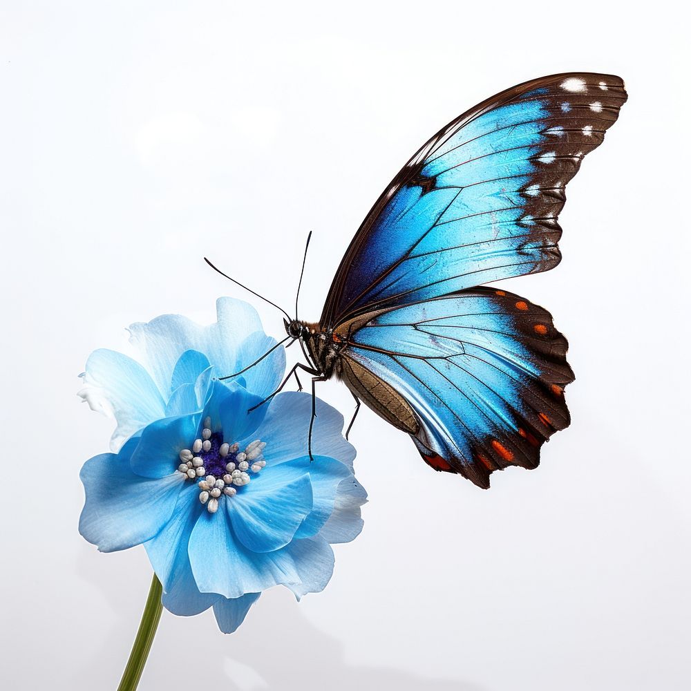 Morpho eating flower butterfly insect animal. AI generated Image by rawpixel.