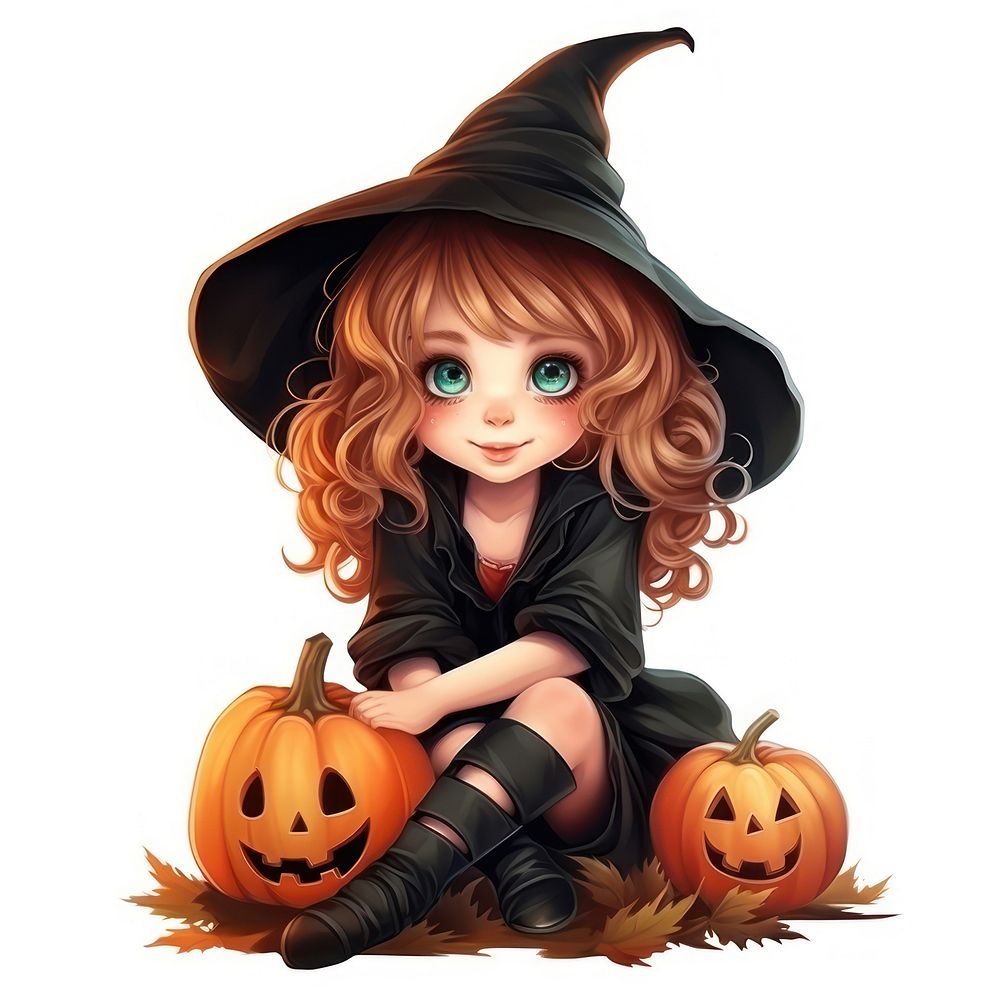 Cute witch halloween anthropomorphic jack-o'-lantern. AI generated Image by rawpixel.