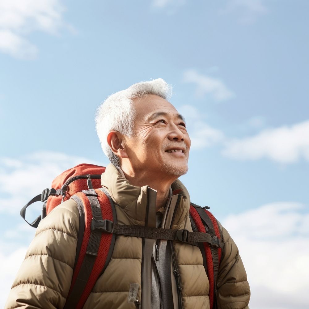 Senior man hiking backpack adult photo. 