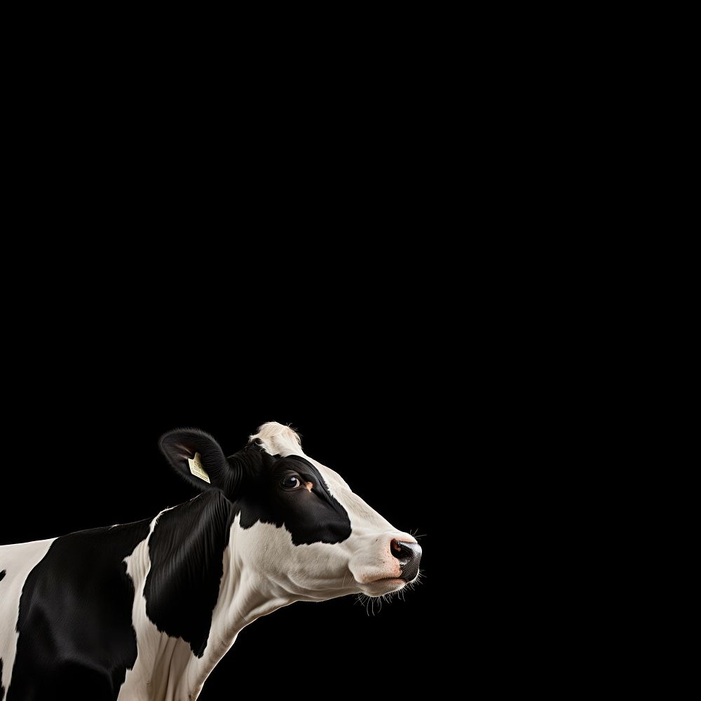 Photo of a cow standing isolated on black background.  