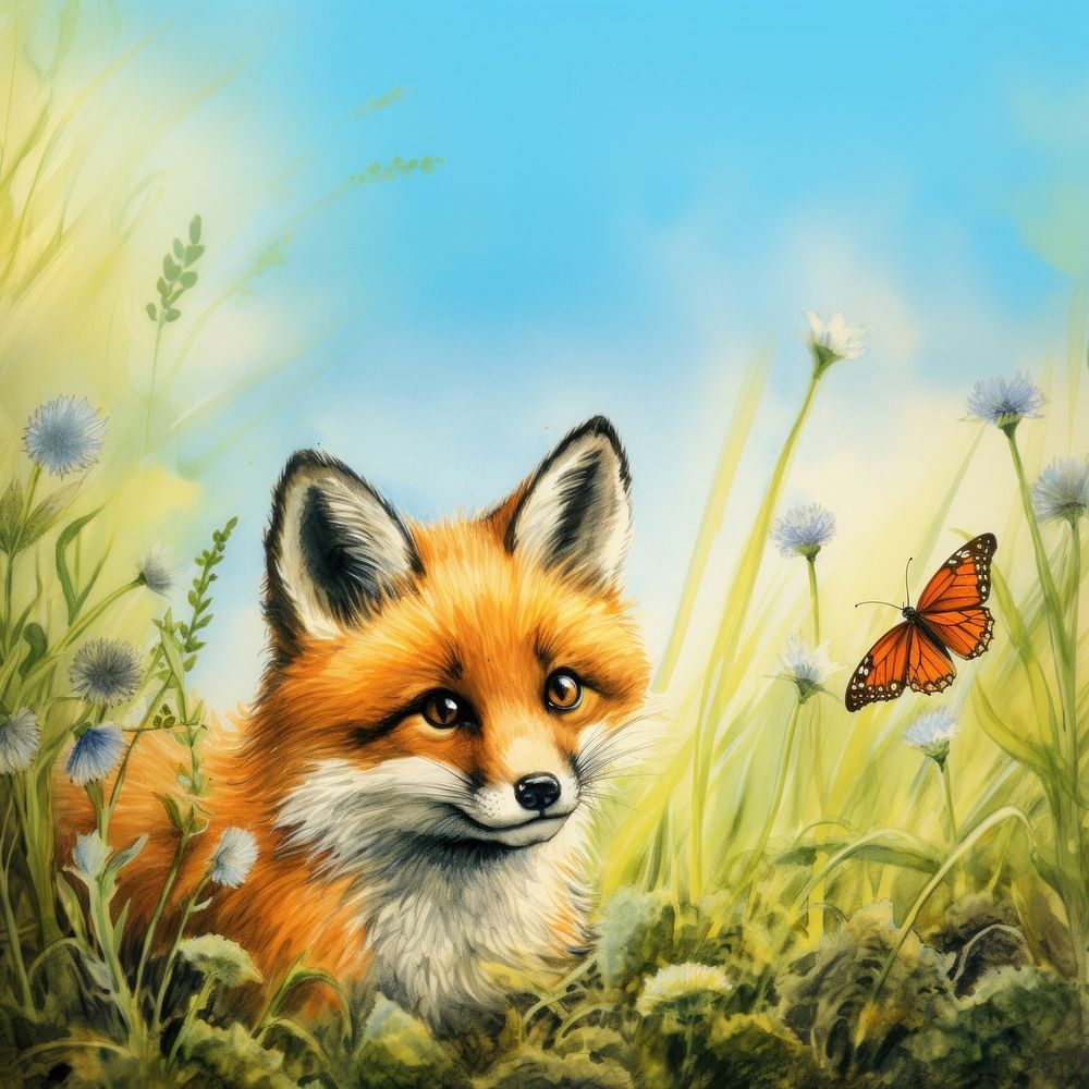 Fox and butterfly cute nature illustration. AI generated image by rawpixel.