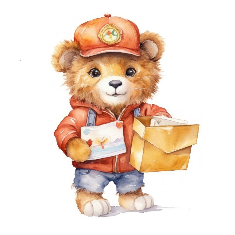 Lion delivery man cute toy white background. AI generated Image by rawpixel.
