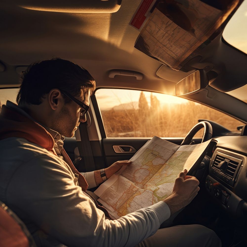 Man reading map in a car. 