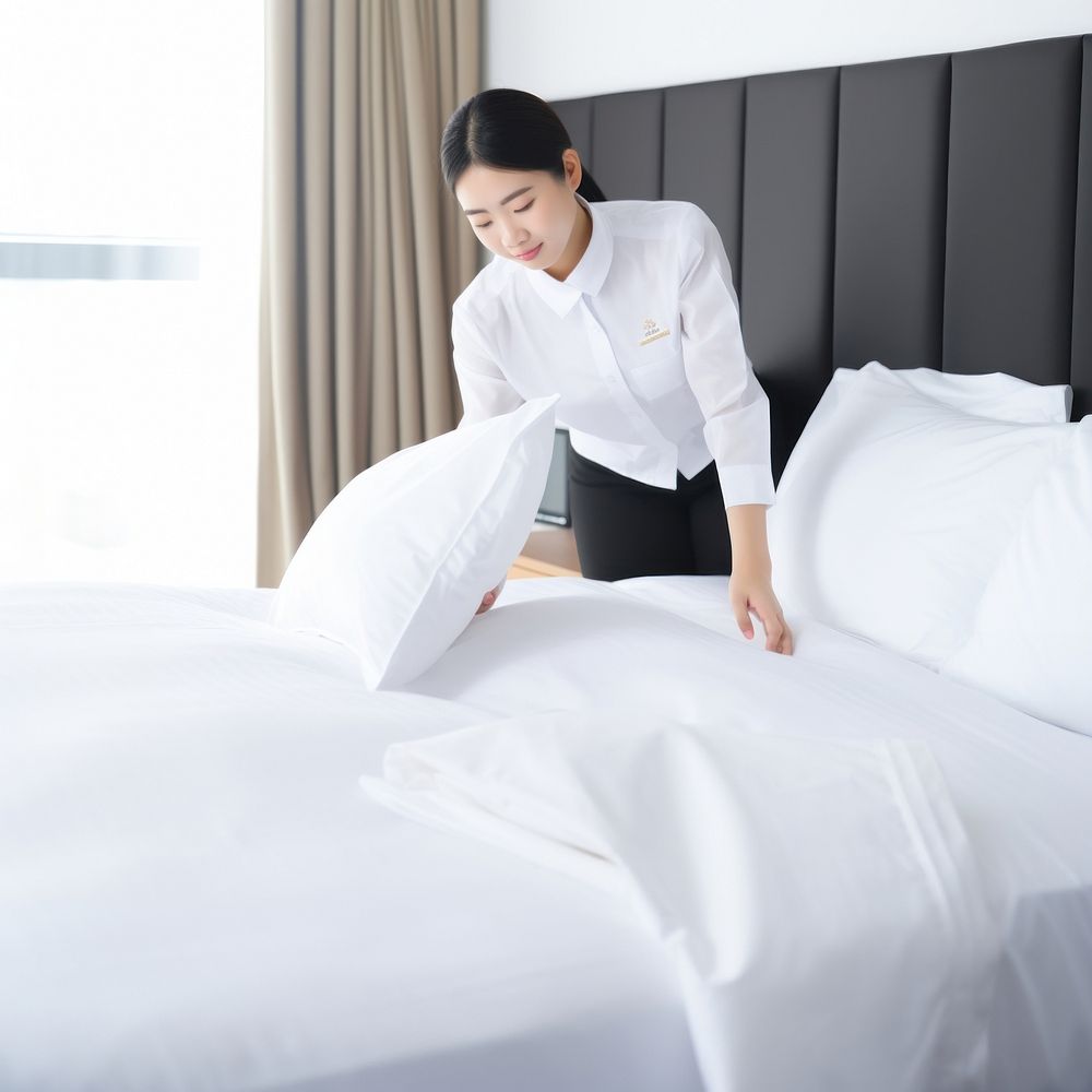 Hotel staff making bed. 