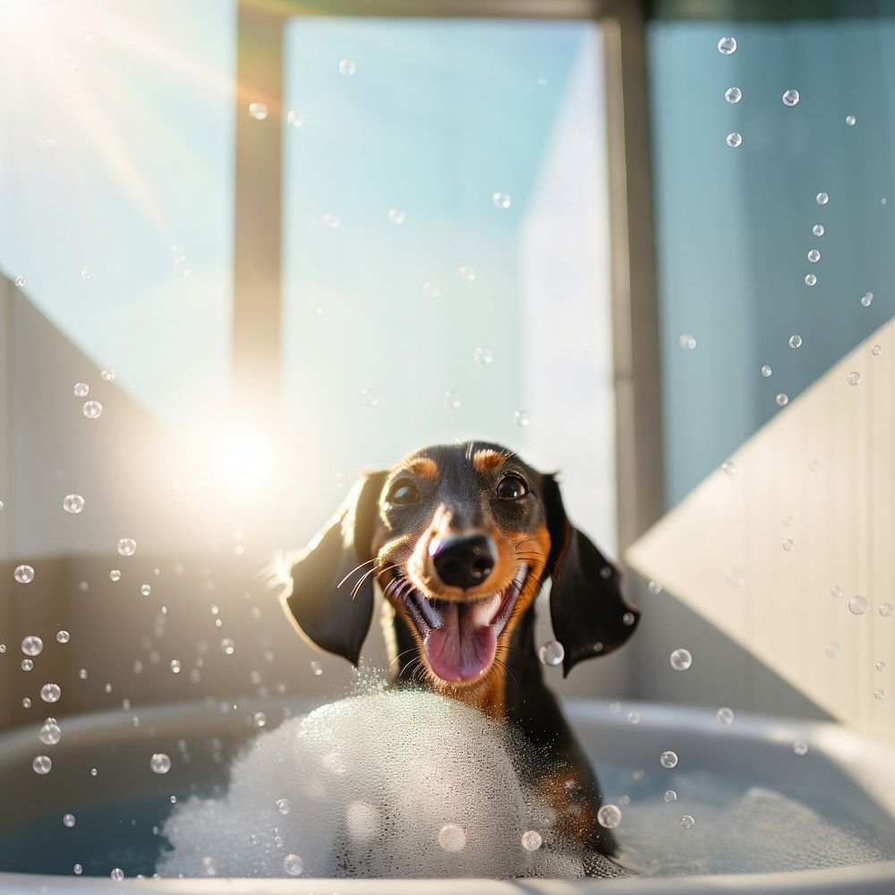 Bathtub dog dachshund bathroom. 