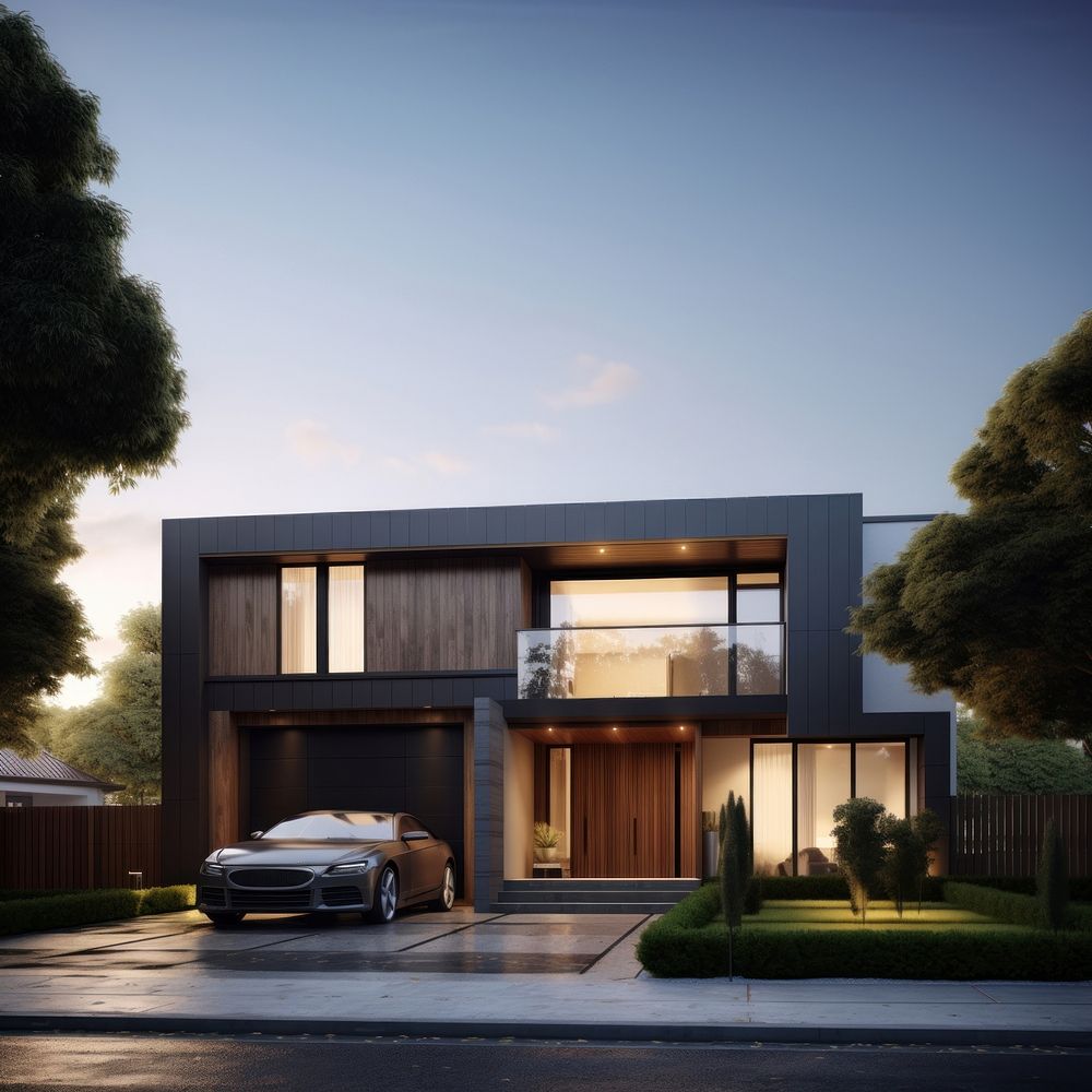 Sedan car parked in a house, modern architecture. 