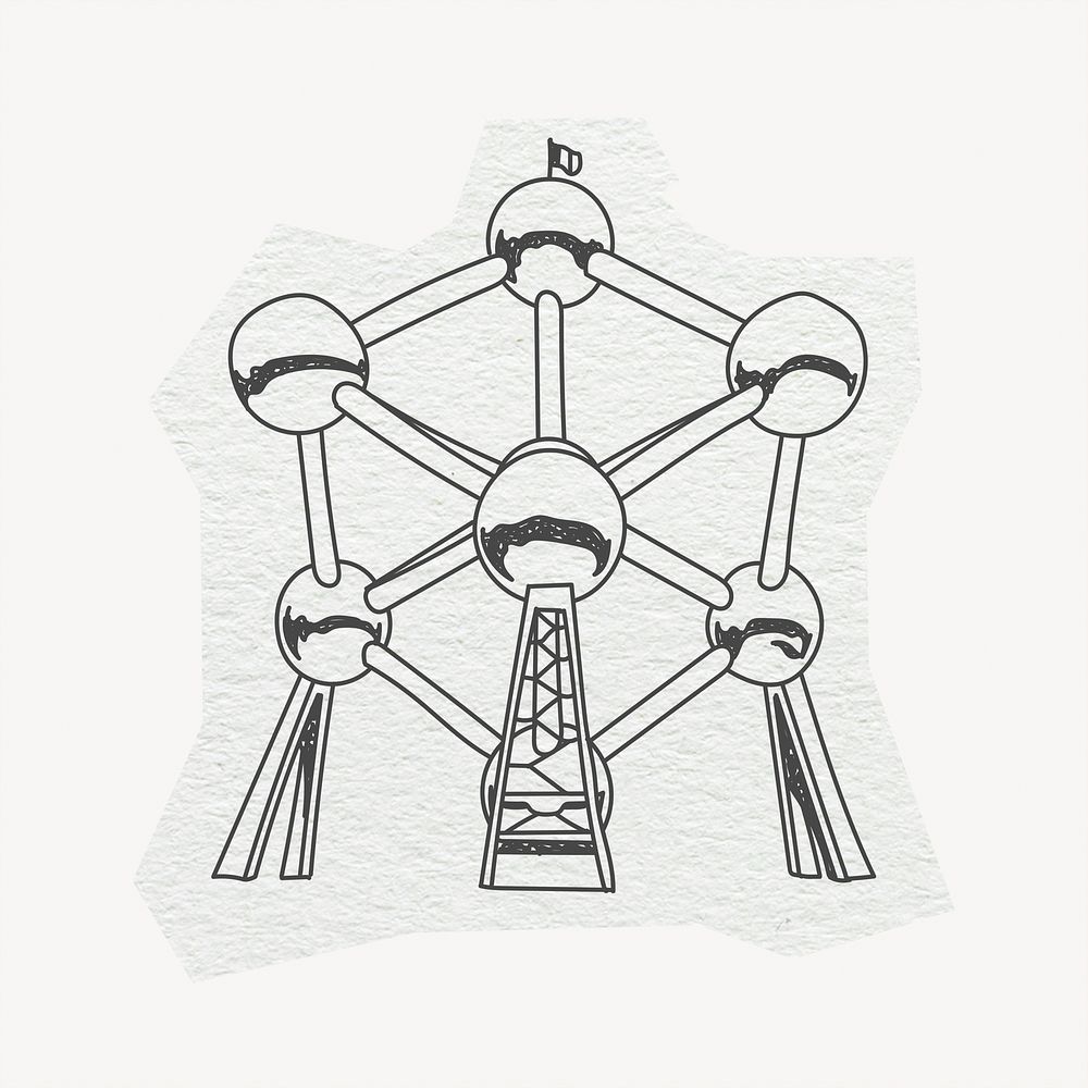 Atomium, tourist attraction in Belgium, line art collage element 