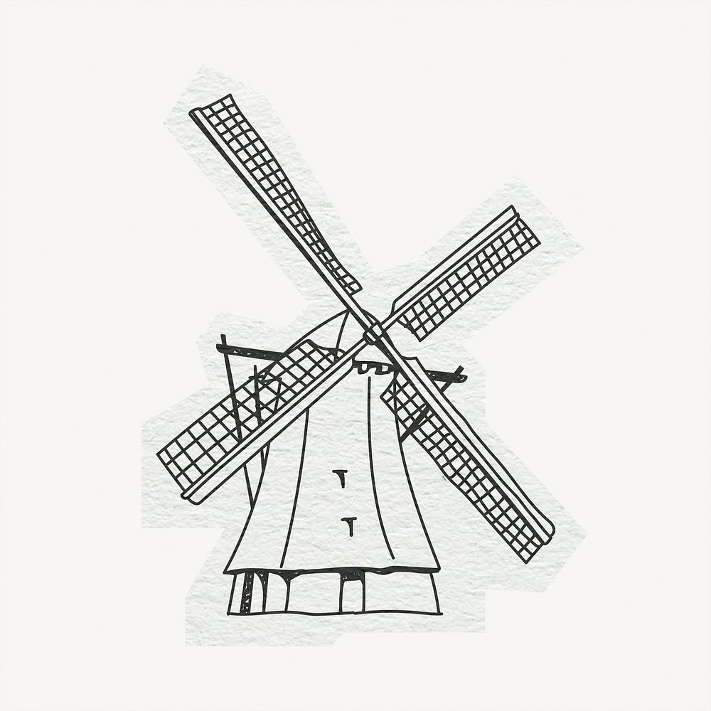 Windmills in Netherlands, line art collage element 