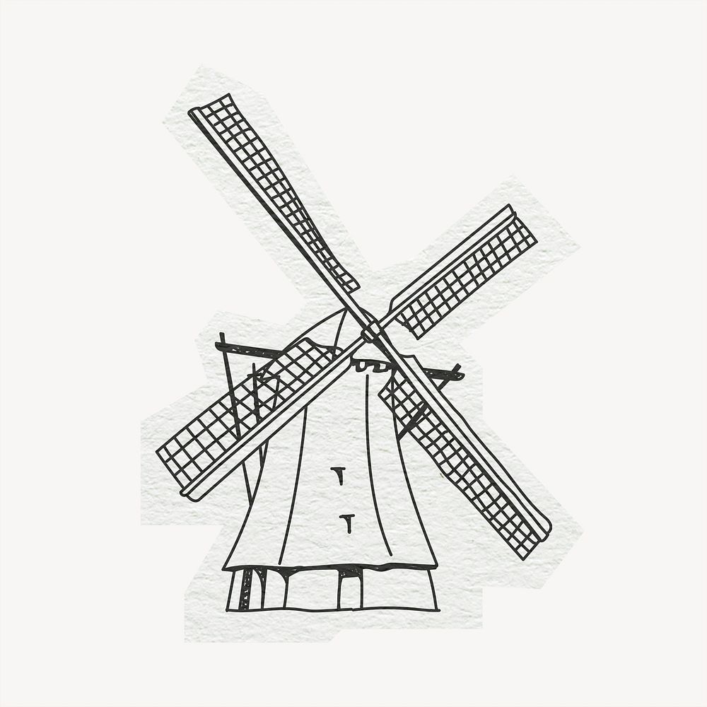 Windmills in Netherlands, line art collage element psd