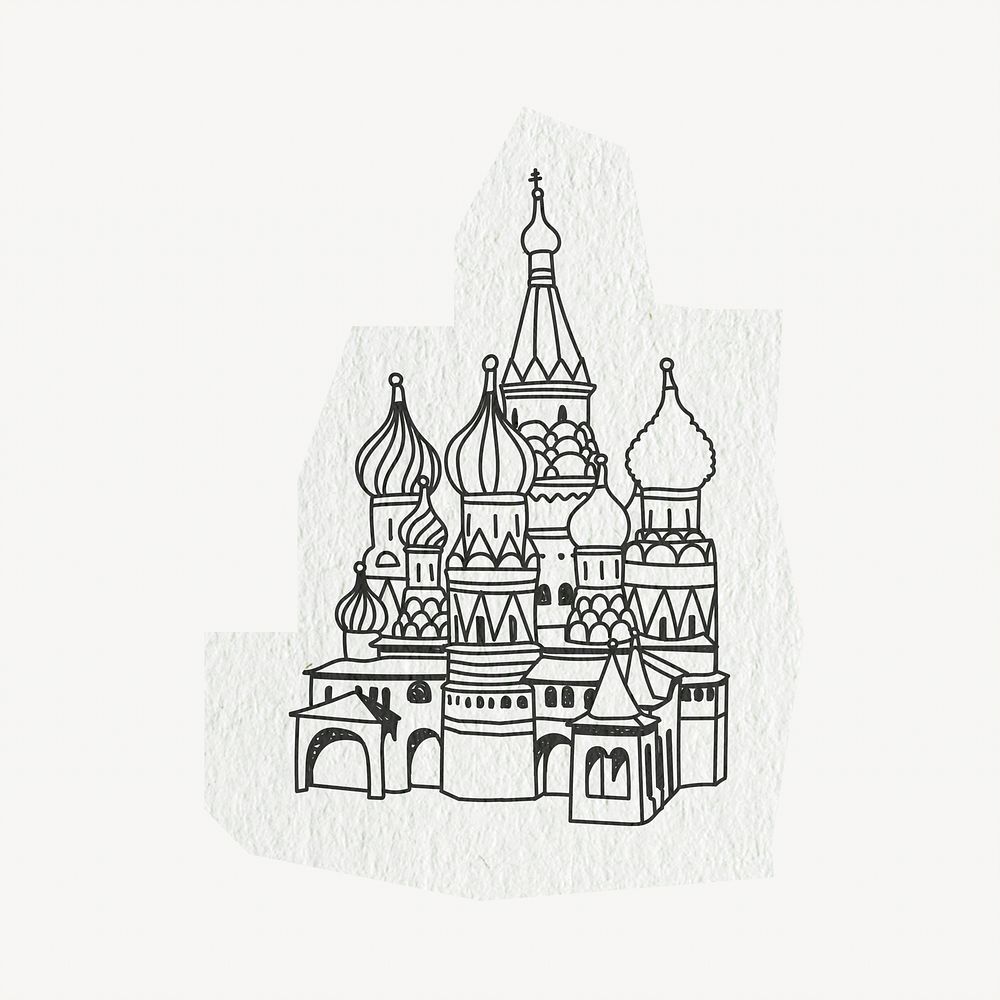 St. Basil's Cathedral, Moscow famous location, line art collage element psd