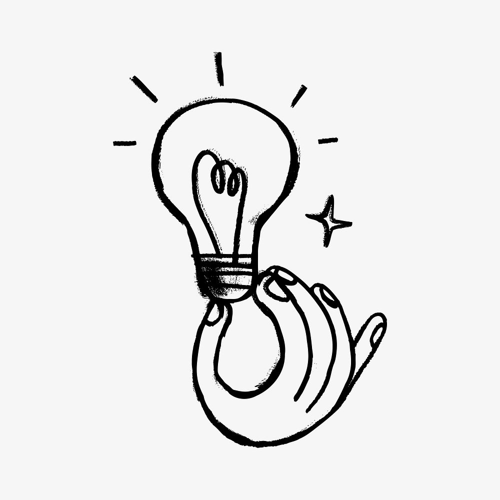 Hand holding light bulb doodle illustration vector