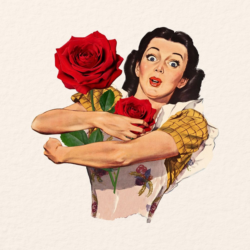 Vintage woman holding rose, Valentine's Day collage remix