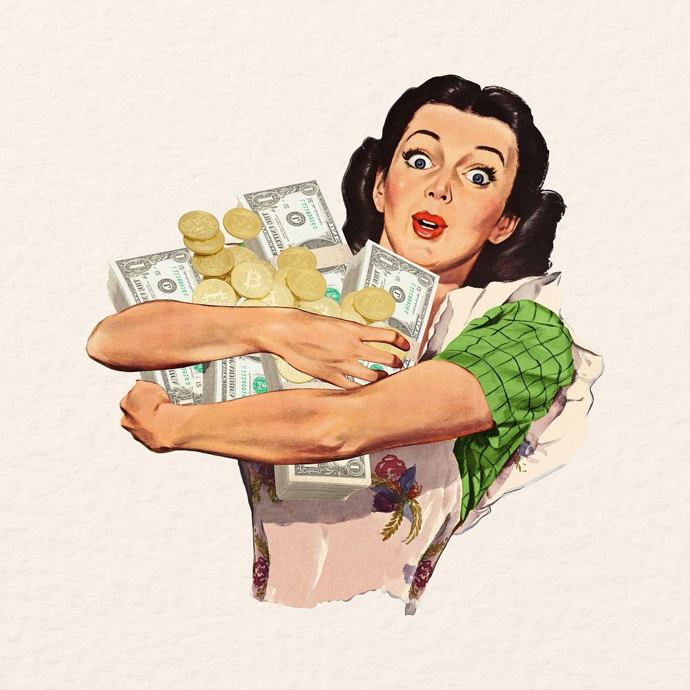 Vintage woman holding money, finance collage remix