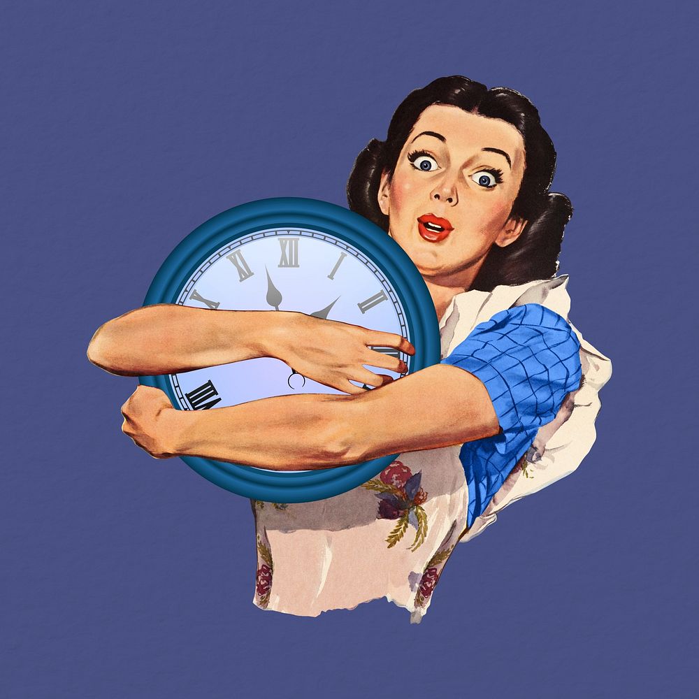 Time management, woman holding clock collage remix