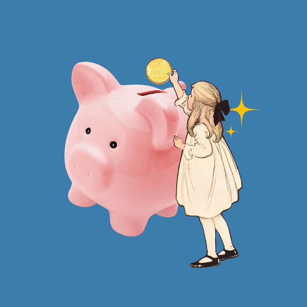 Piggy bank finance, vintage girl collage remix
