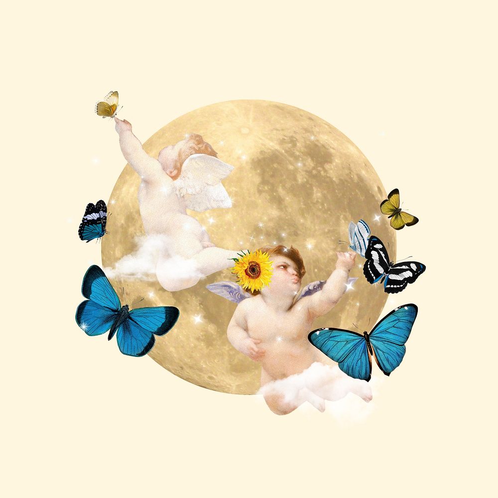 Vintage cherubs dreamy moon collage remix